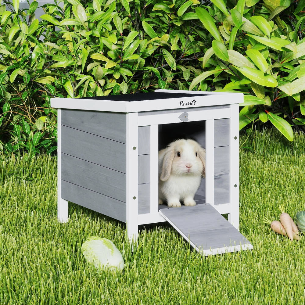 Casetta per piccoli animali in legno di abete grigio con rampa conigliera da giardino rialzata e resistente