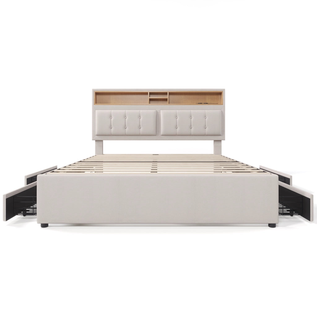Letto matrimoniale 140x200 imbottito in lino con 4 cassetti