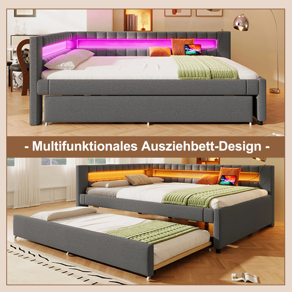 Letto con letto estraibile 140 × 200 cm con LED USB e Type-C in lino e MDF grigio