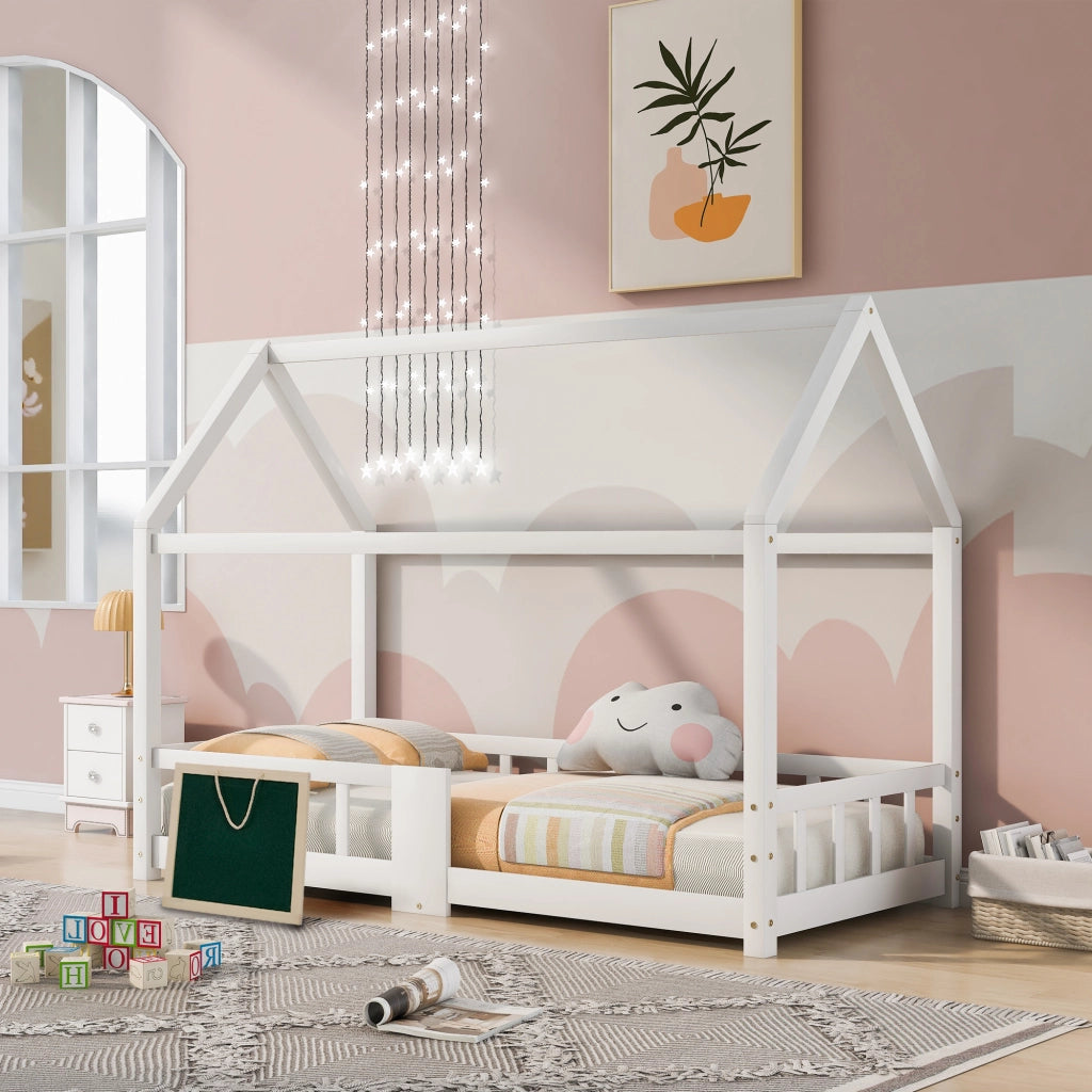 Letto casetta per bambini 90 x 200 cm bianco con lavagna