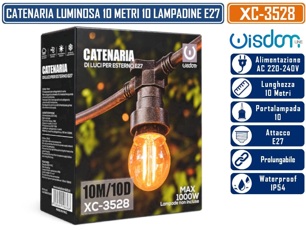 WISDOM XC-3528 CATENARIA LUMINOSA 10MT CON 10 PORTALAMPADE E27 CAVO NERO PROLUNGABILE FINO A 50MT DA ESTERNO IP54