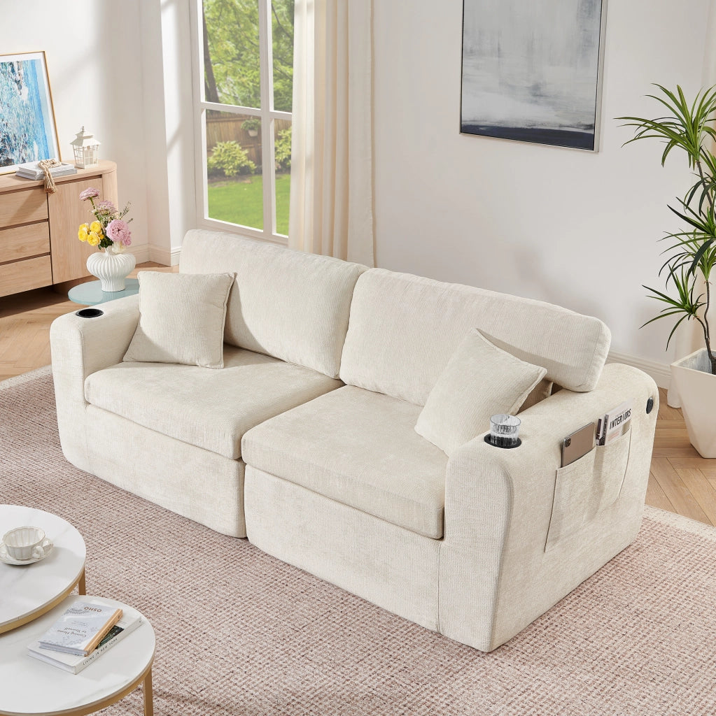 DIVANO Relax 2 posti 220x100x89 cm in chenille beige con porta USB