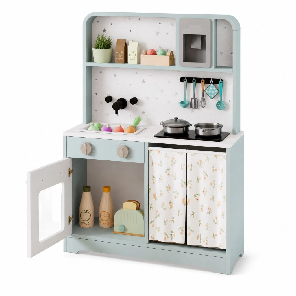 Cucina giocattolo per bambini 60x29x81 cm con microonde e accessori; blu in MDF e plastica