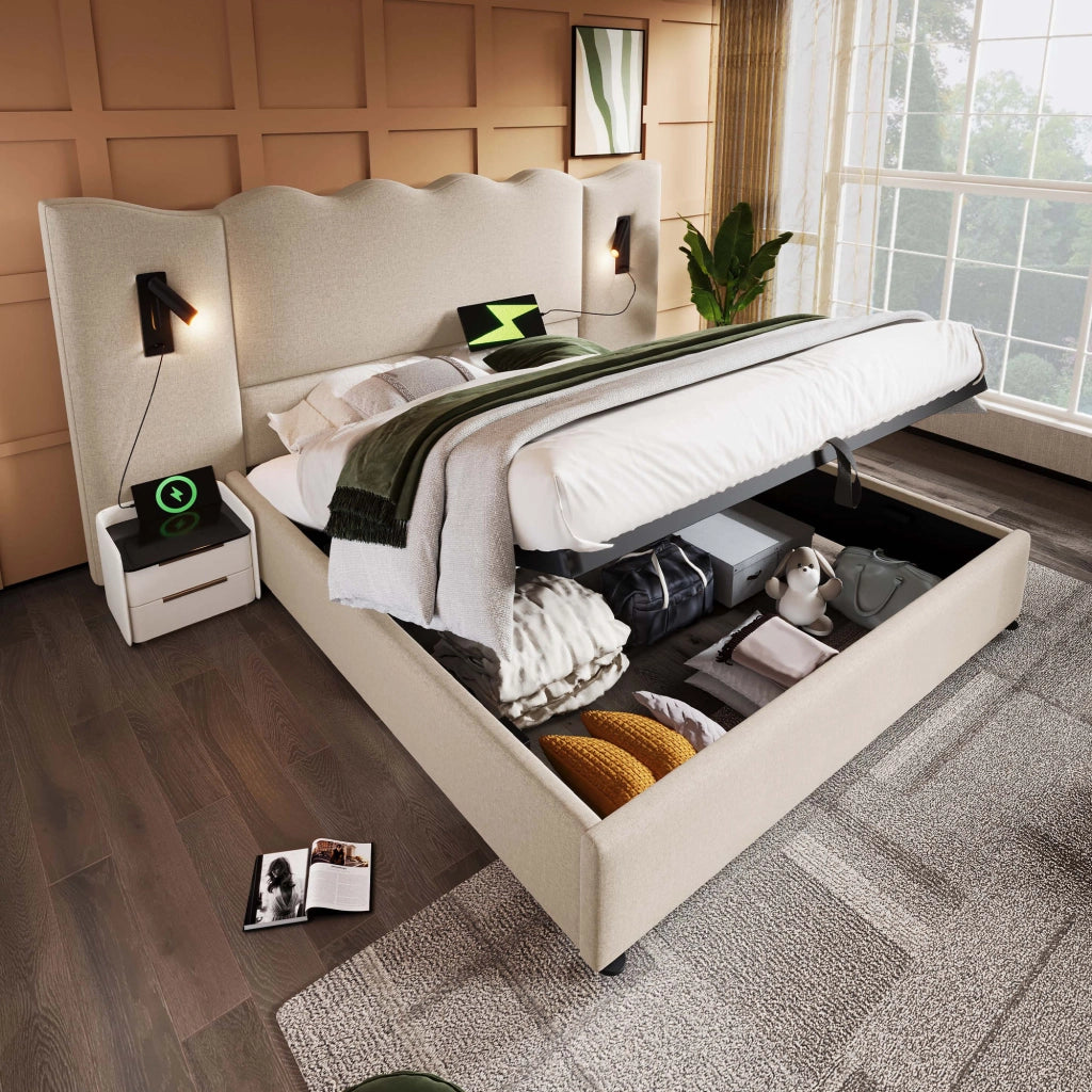 Letto matrimoniale 160x200 beige con contenitore