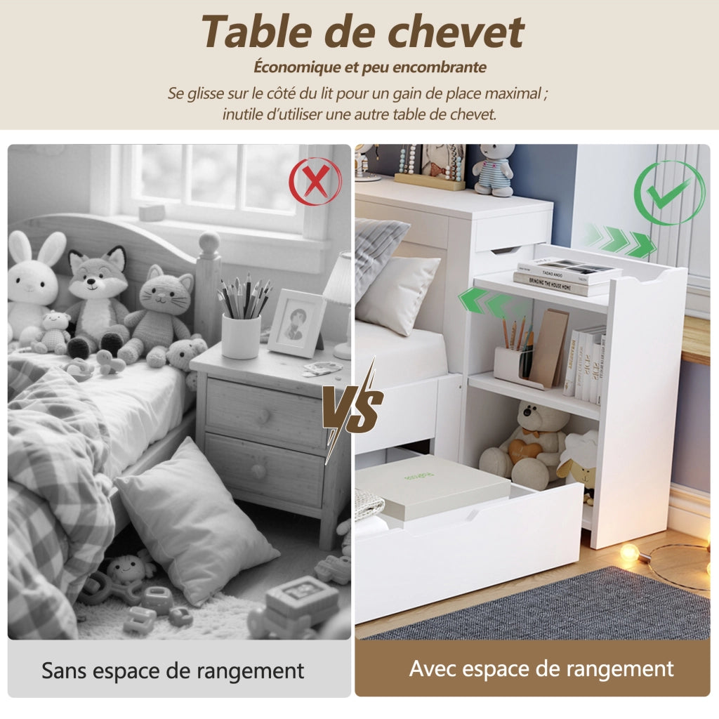 Letto con Cassetti 140x190 cm - Contenitore e Comodino Scorrevole - MDF - Bianco