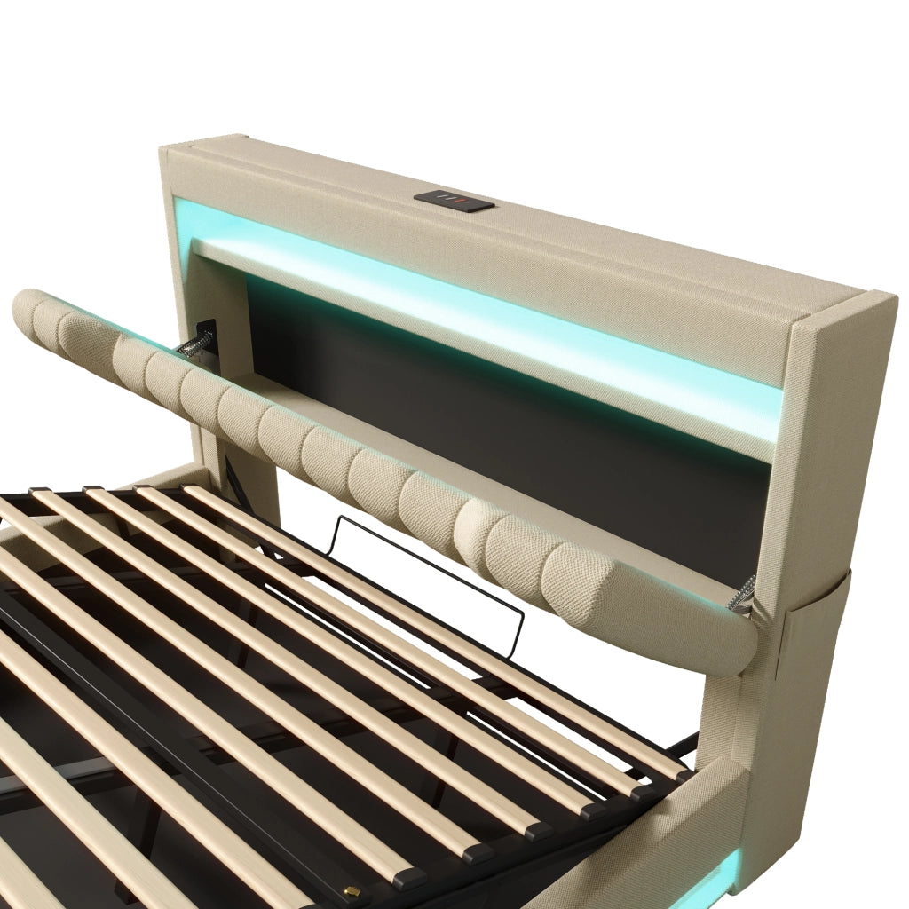 Letto contenitore 140x200 cm beige con luci LED