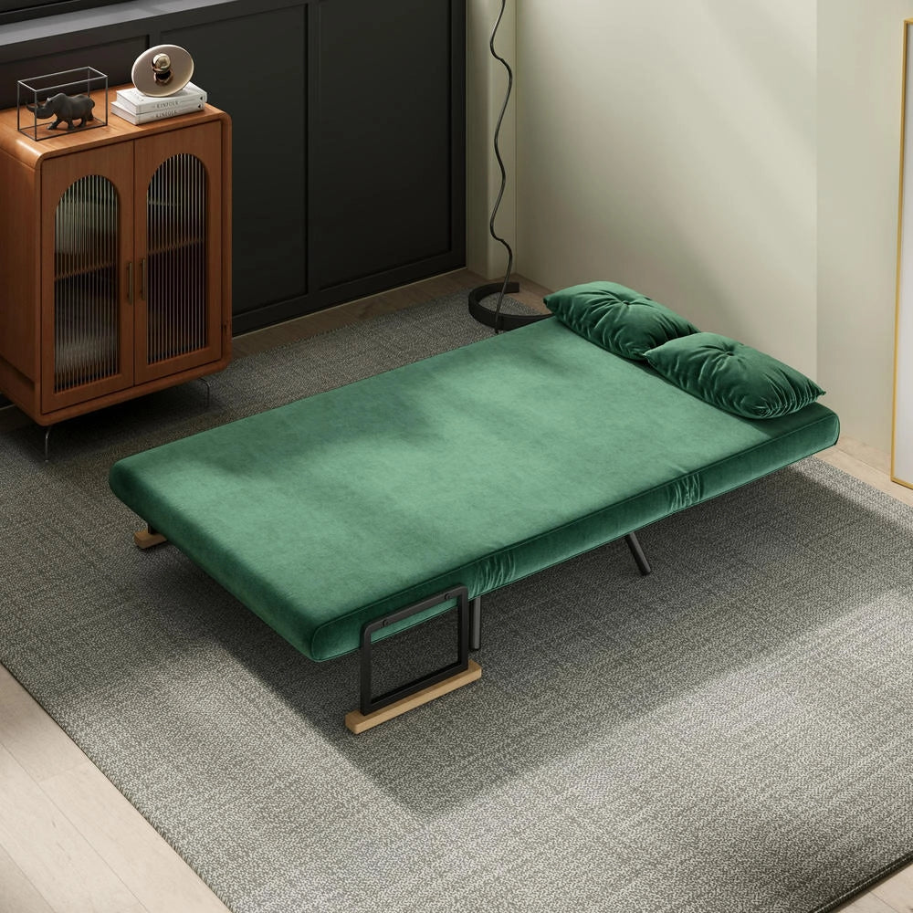 Divano letto 4 in 1 a 2 posti in tessuto effetto velluto verde 183x98,5cm, schienale regolabile salvaspazio per casa