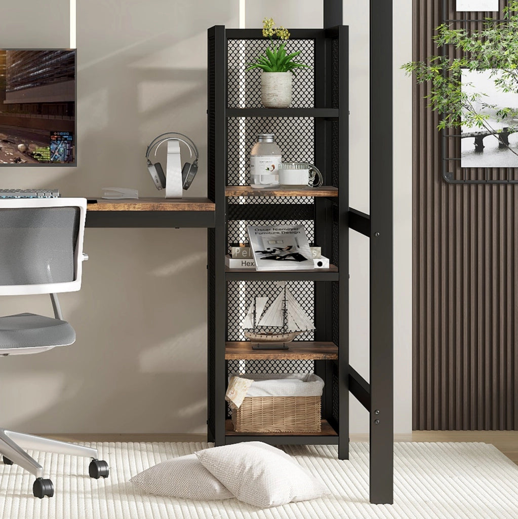 Letto a soppalco 90x200 cm con scrivania e scaffale in metallo e MDF nero