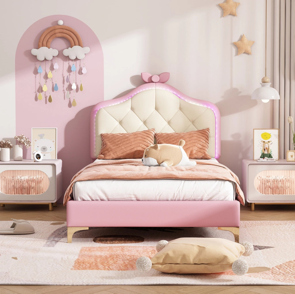 Letto singolo imbottito 90x200 cm con LED multicolore e rete a doghe; rosa e bianco