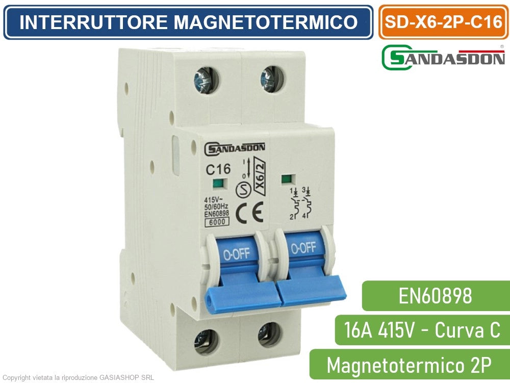 SANDASDON INTERRUTTORE MEGNETOTERMICO PER BARRA DIN 2 MODULI 2P 415V CURVA C 6KA 16A