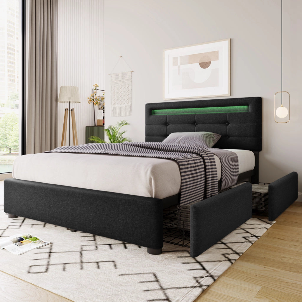 Letto singolo 90x200 imbottito nero con illuminazione LED