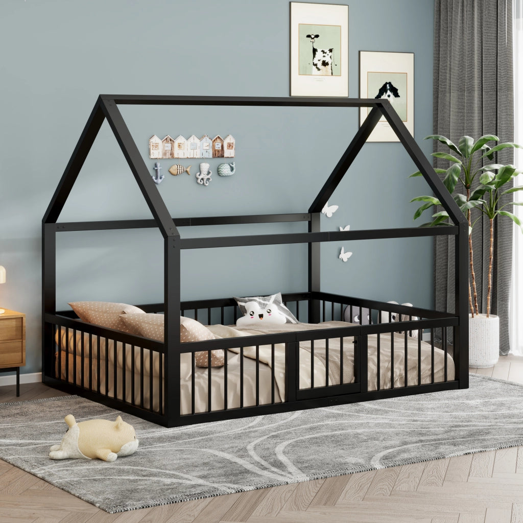 Letto a casetta nero 140 x 200 cm in metallo