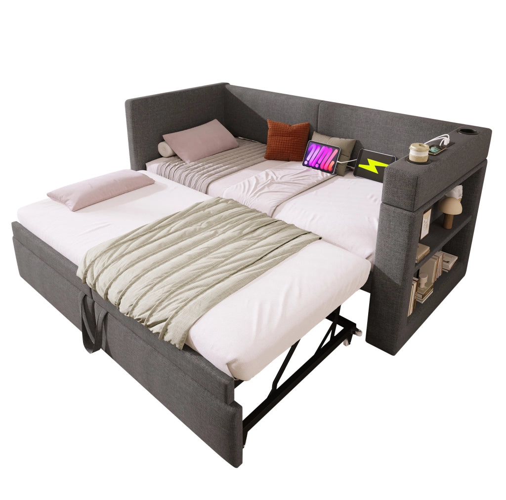 Letto divano estraibile 90x200 cm grigio con USB e portabicchieri