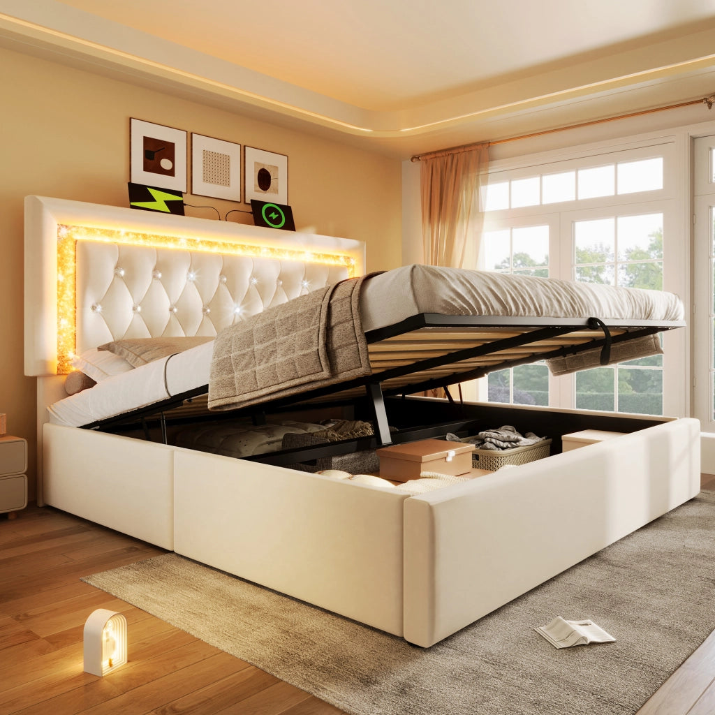 Letto matrimoniale 160x200 cm beige con contenitore