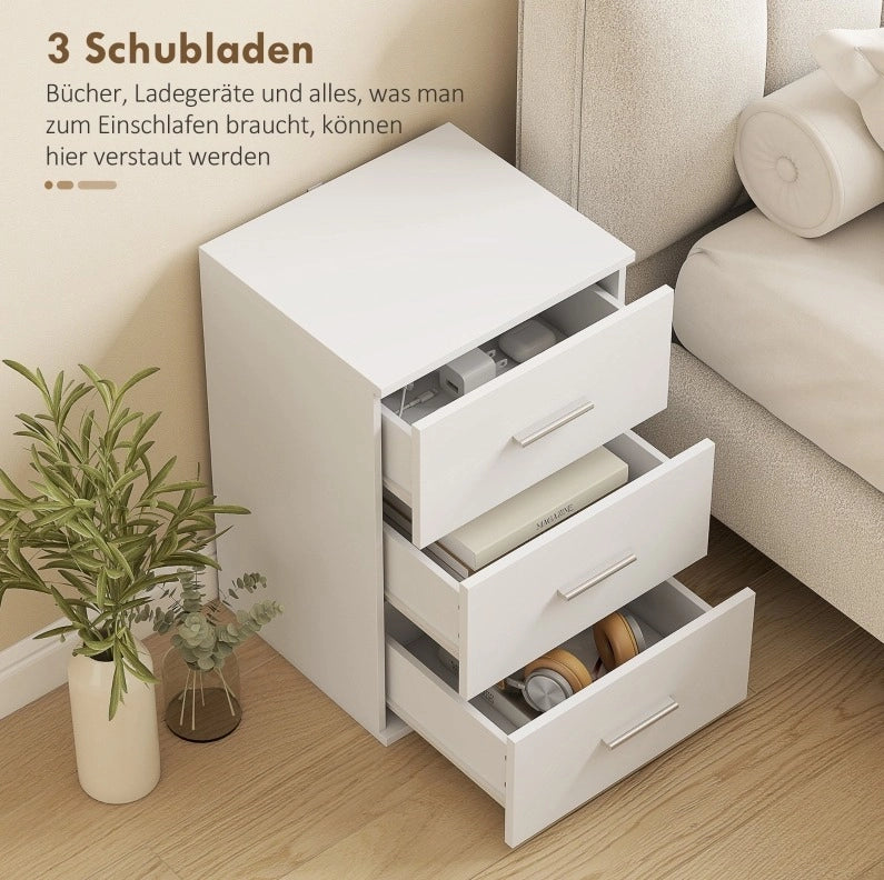 Comodino bianco 40x35x60 cm con 3 cassetti e maniglie argentate in MDF