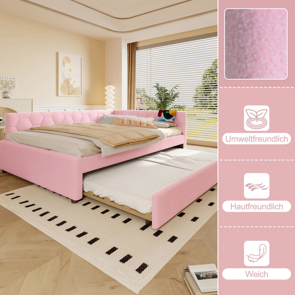 Daybed 140x200 cm con letto estraibile, USB e Type-C, lampada integrata, velluto rosa