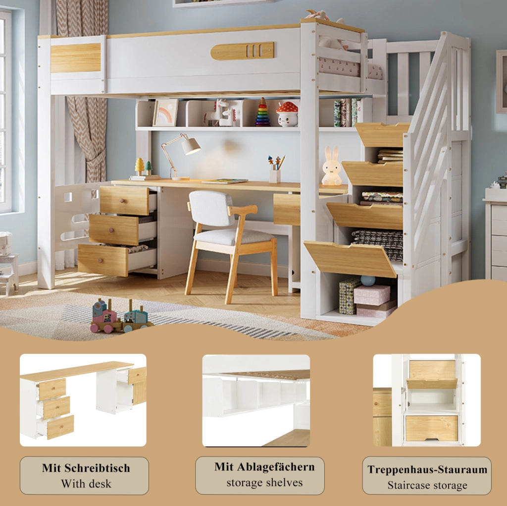 Letto a soppalco 90x200 cm bianco e naturale con scrivania