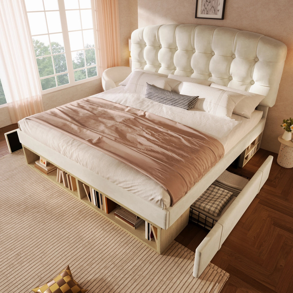Letto imbottito beige 140x190 cm con cassetti
