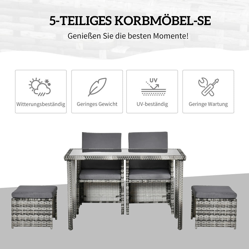 Set da Pranzo da Giardino in Polyrattan Grigio per 4 Persone con Cuscini, Salotto da Esterno Resistente e Durevole per Terrazza