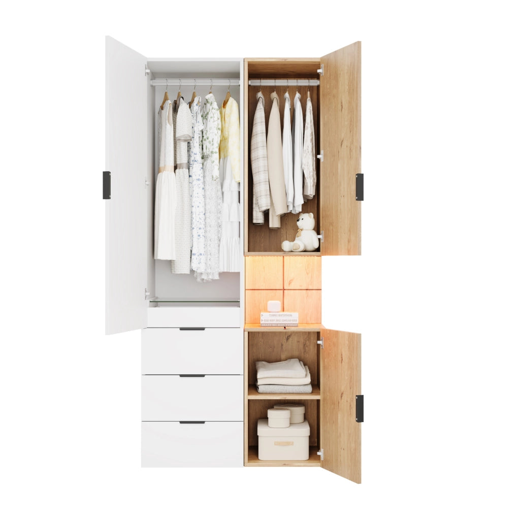 Armadio 90x49x200 cm bianco e rovere in MDF; 4 cassetti e luce LED