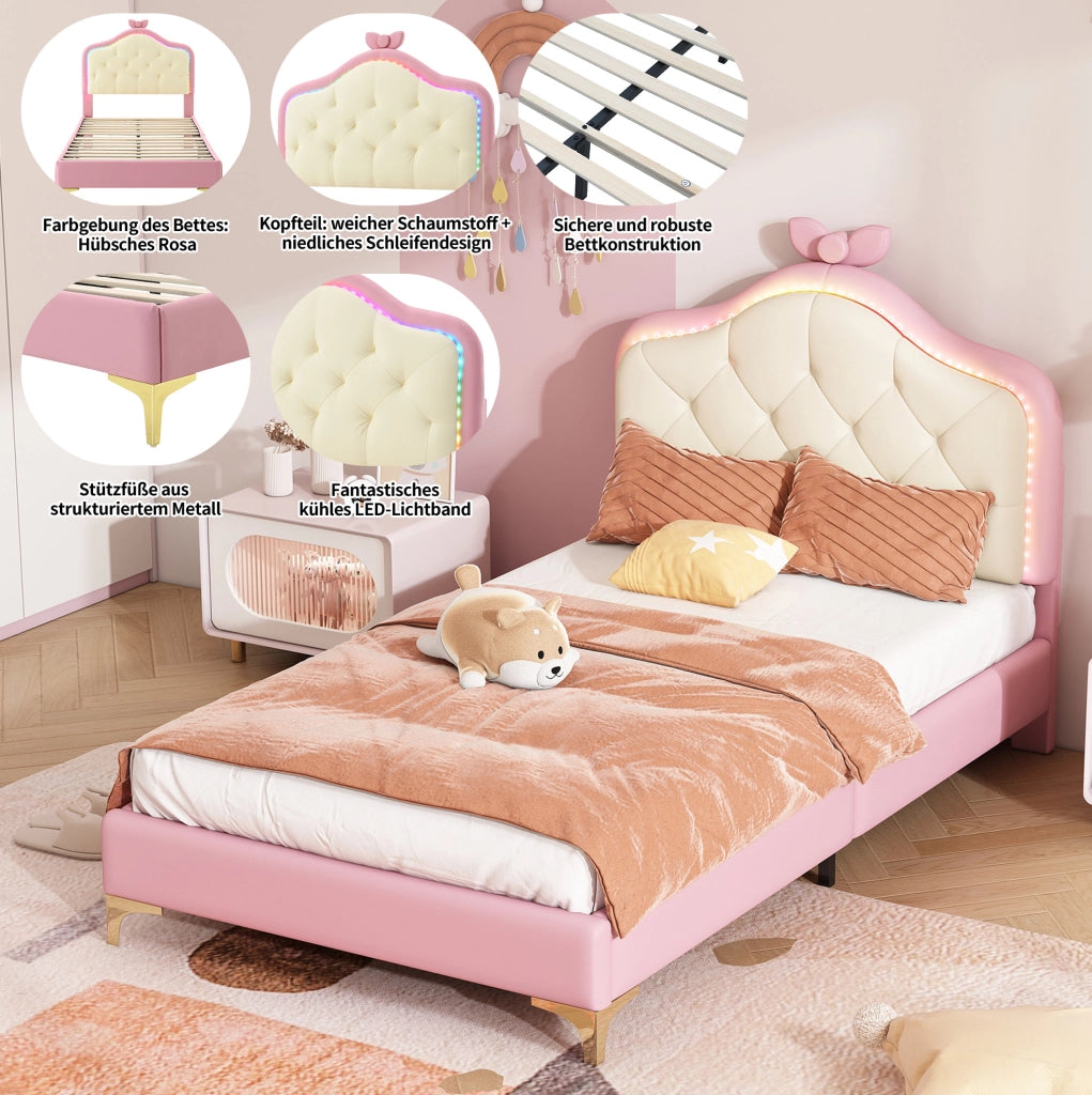 Letto singolo imbottito 90x200 cm con LED multicolore e rete a doghe; rosa e bianco