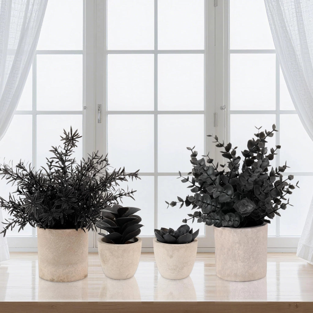 Set di 4 piante artificiali: eucalipto, rosmarino e piante grasse, tutte in vaso