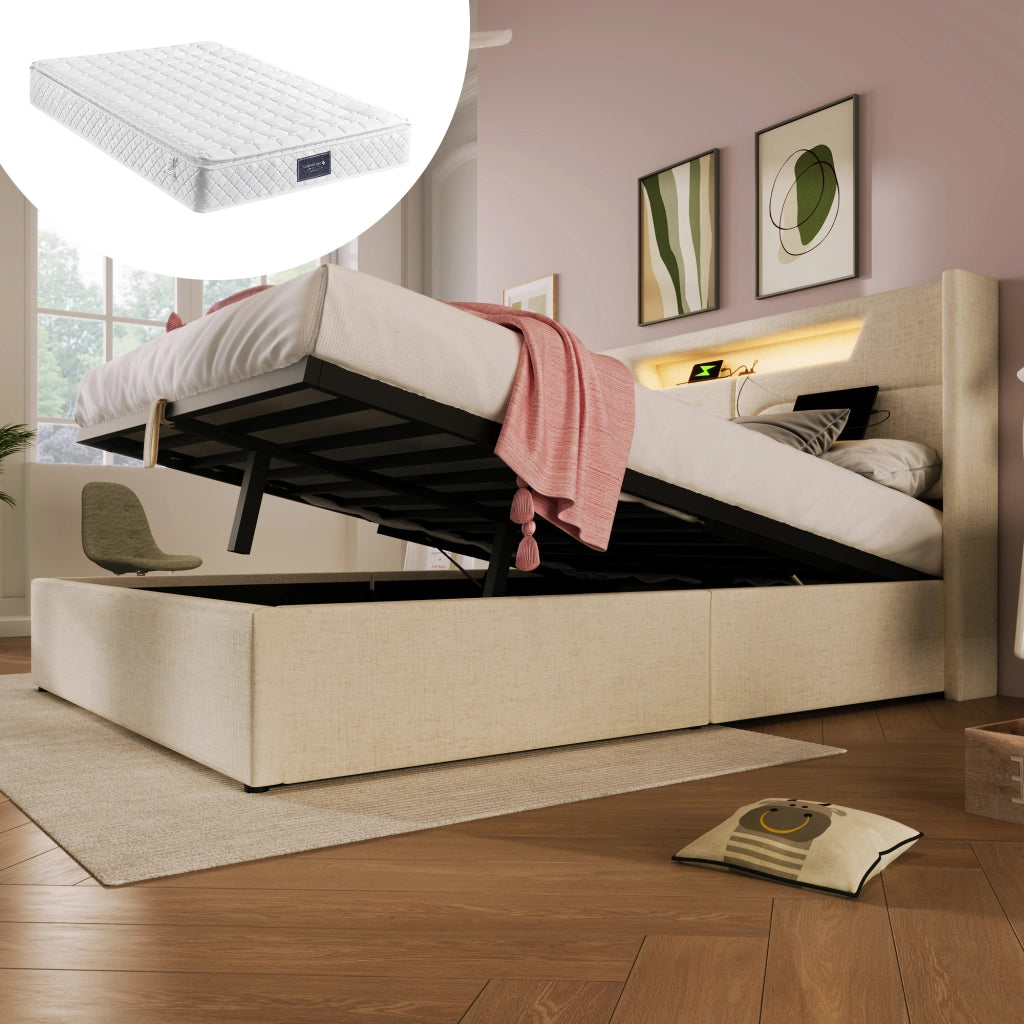 Letto matrimoniale 140x200 imbottito beige con contenitore e luce LED