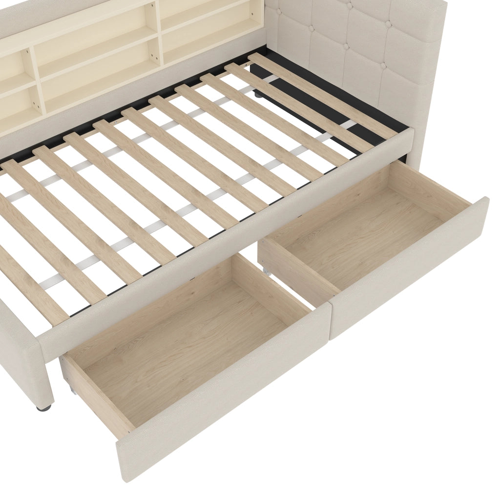 Letto singolo 90 × 200 cm con 2 cassetti USB e USB-C in lino beige con testiera e ripiani