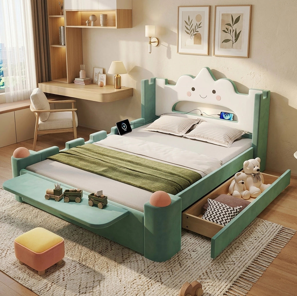 Letto imbottito per bambini 140x200 cm con cassetto; USB e lampada LED; blu-verde