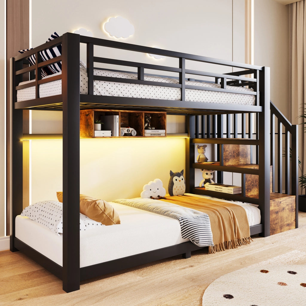 Letto a castello 90x200 cm con scala contenitore e luci LED
