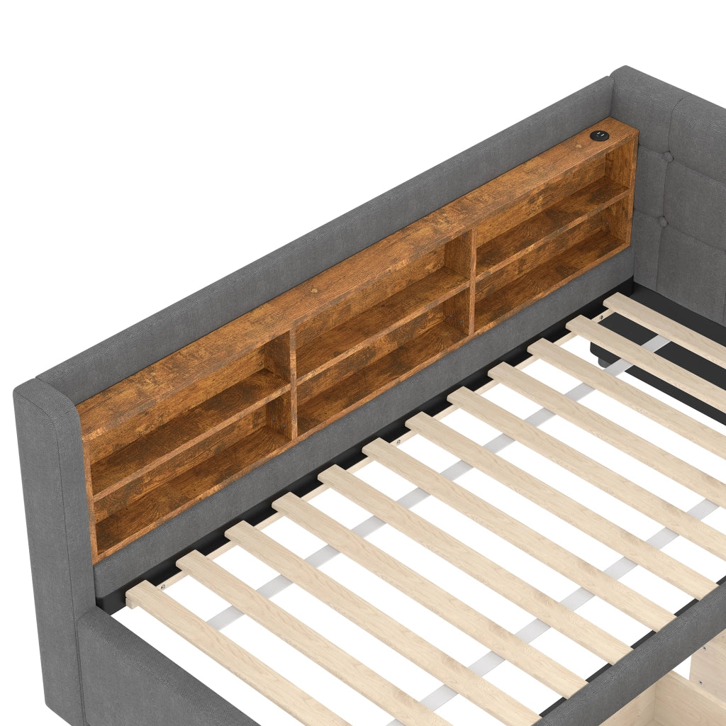Letto singolo 90 × 200 cm con 2 cassetti in lino e MDF grigio con porte USB Type-C e ripiani