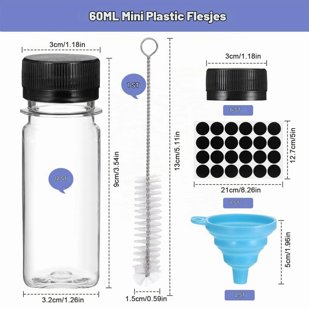12 mini bottiglie in plastica PET da 60 ml, con tappo, riutilizzabili, colore nero
