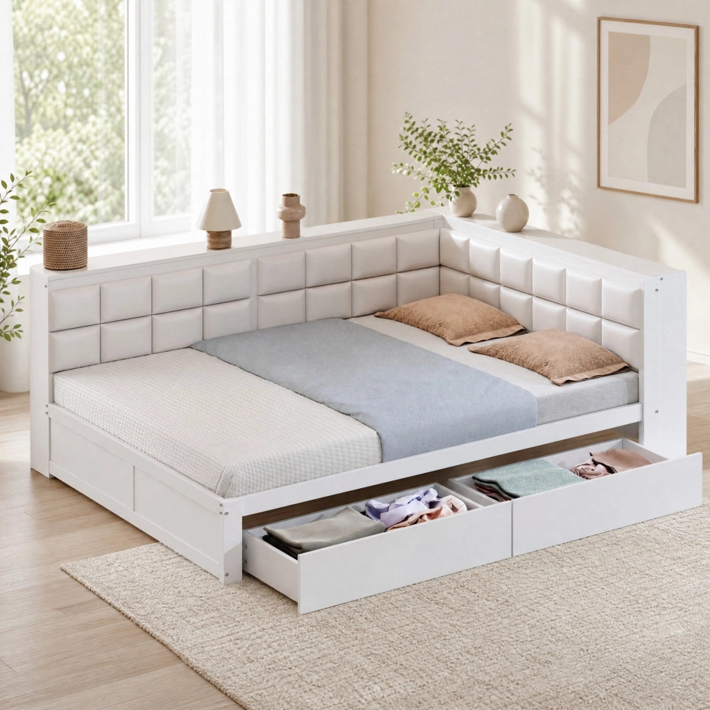 Letto trasformabile 140x200 cm con schienale imbottito e 2 cassetti; bianco