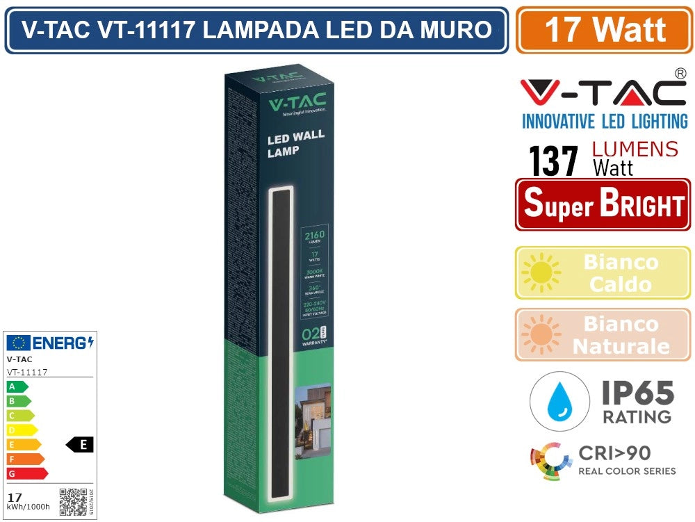 V-TAC VT-11117 LAMPADA LED DA MURO 17W WALL LAMP SMD APPLIQUE CRI≥90 IP65 COLORE NERO - Colore Luce:Bianco Caldo