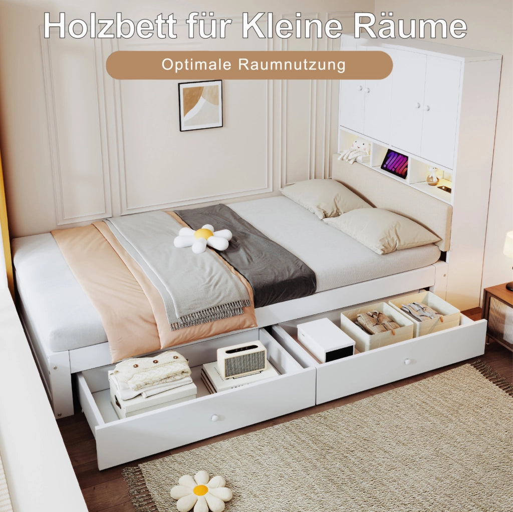 Letto singolo 90x200 cm bianco con LED, prese e 2 cassetti