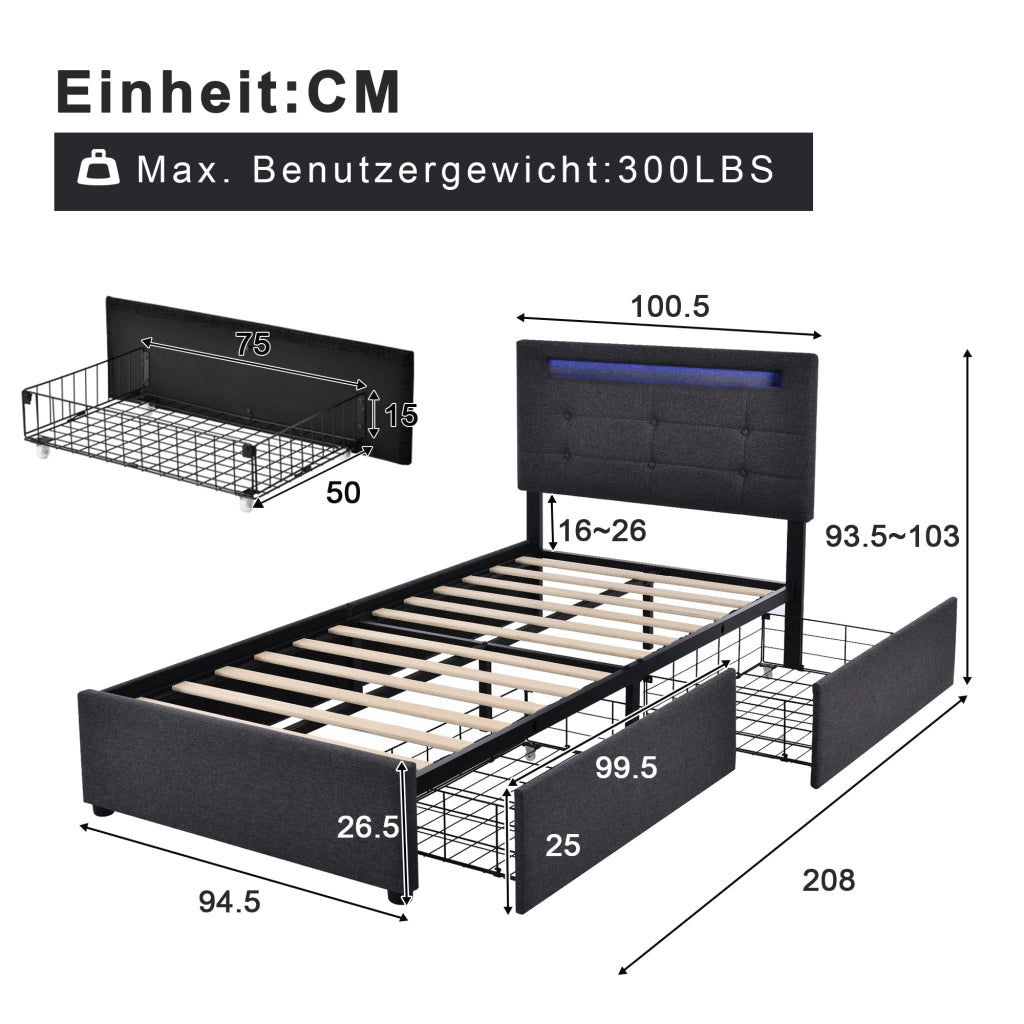 Letto singolo imbottito 90x200 cm con illuminazione LED sulla testiera