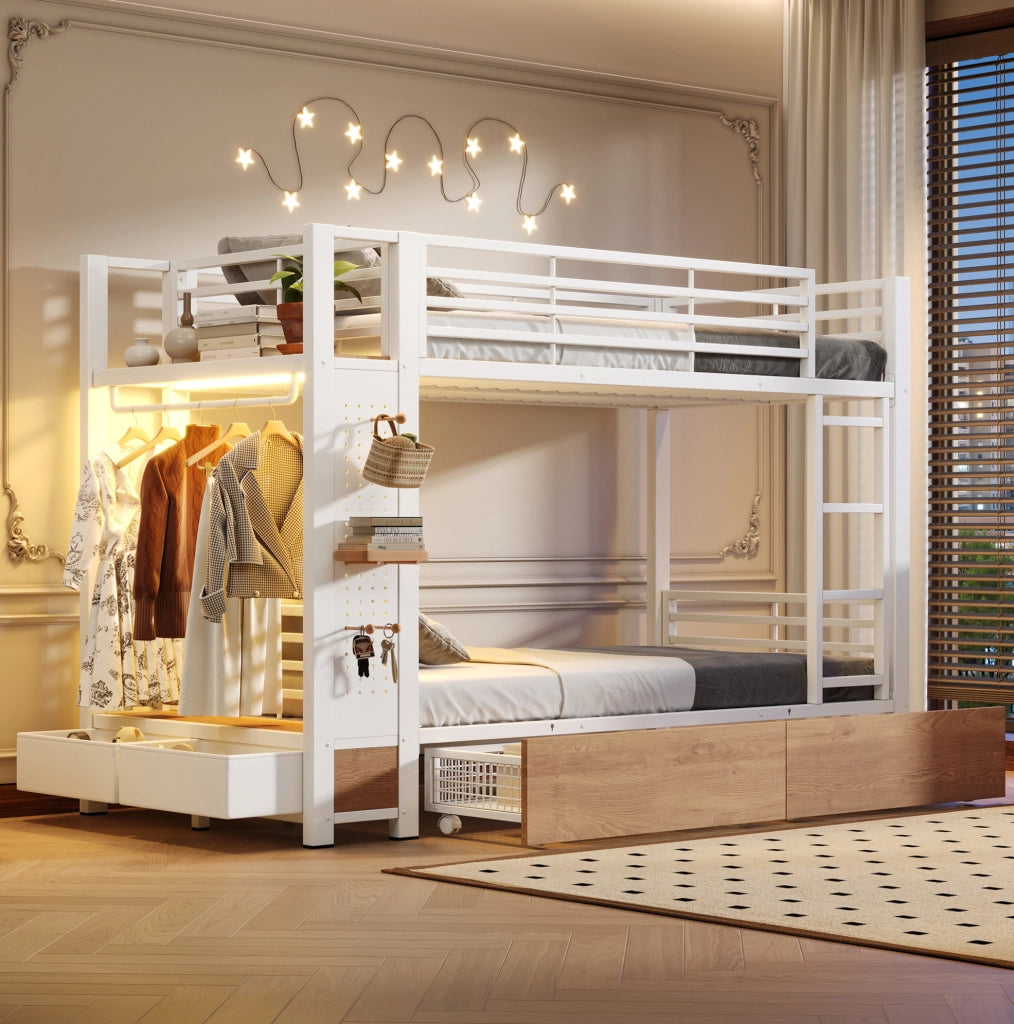 Letto a castello 90x200 cm bianco con cassetti e luce LED