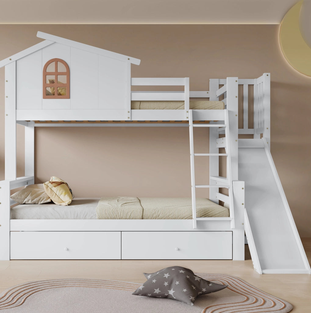 Letto a castello 90x200 e 120x200 cm con scivolo; cassetti e scala; bianco