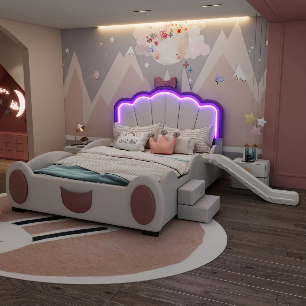 Letto per bambini a farfalla 140 × 200 cm con scivolo e scala LED multicolore in PU rosa e bianco