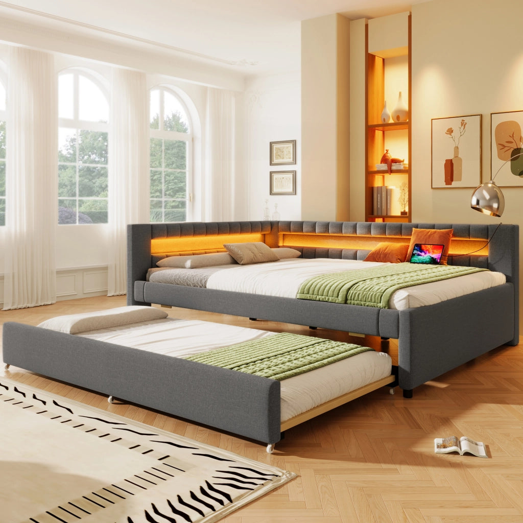 Letto con letto estraibile 140 × 200 cm con LED USB e Type-C in lino e MDF grigio