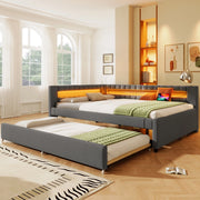 Letto con letto estraibile 140 × 200 cm con LED USB e Type-C in lino e MDF grigio