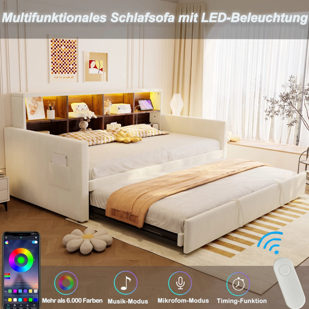 Divano letto imbottito 90x190 cm con contenitore, LED e prese integrate, velluto beige