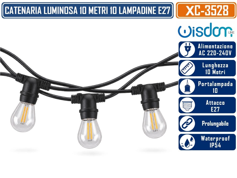 WISDOM XC-3528 CATENARIA LUMINOSA 10MT CON 10 PORTALAMPADE E27 CAVO NERO PROLUNGABILE FINO A 50MT DA ESTERNO IP54