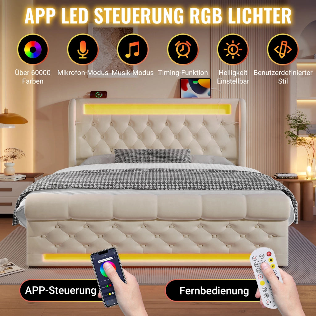 Letto matrimoniale contenitore 140 × 200 cm in velluto beige con LED USB e Type-C