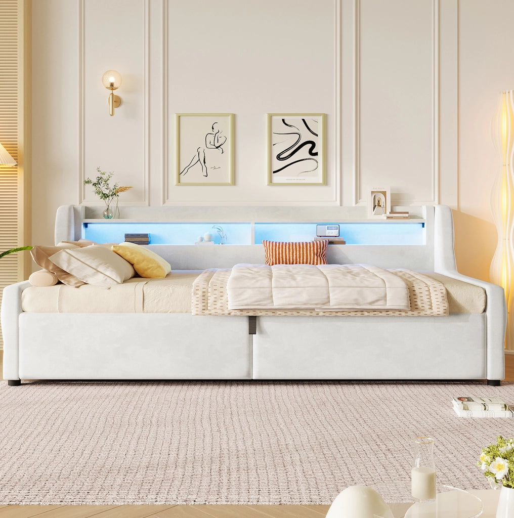 Letto singolo contenitore 90x200 cm con LED, bianco sporco