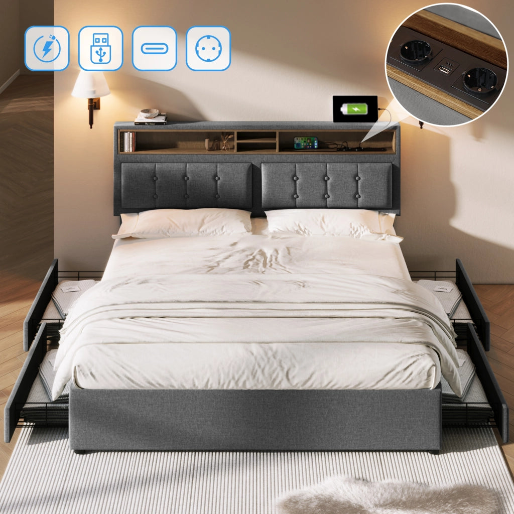 Letto matrimoniale imbottito 140x200 cm con quattro cassetti