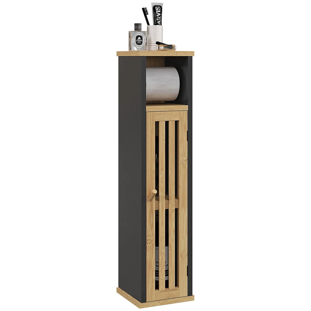 Mobile Bagno da Terra con Portarotolo in MDF e Bambù 2 Ripiani Salvaspazio Mobiletto WC Compatto e Pratico
