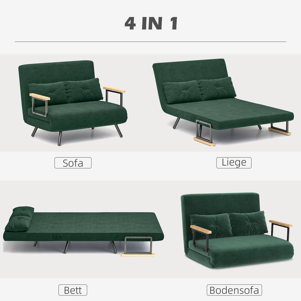 Divano letto 4 in 1 a 2 posti in tessuto effetto velluto verde 183x98,5cm, schienale regolabile salvaspazio per casa