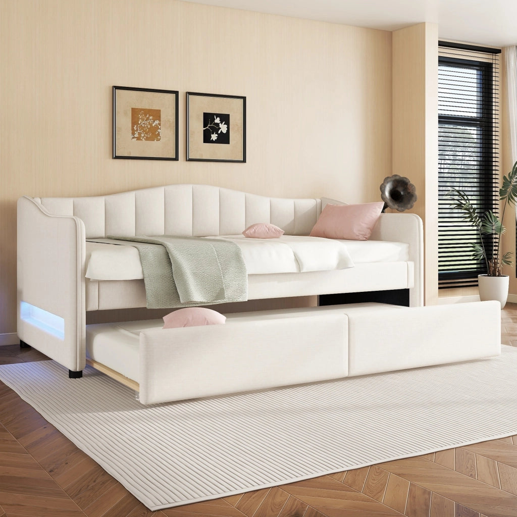 Letto singolo 90x200 cm con letto estraibile beige