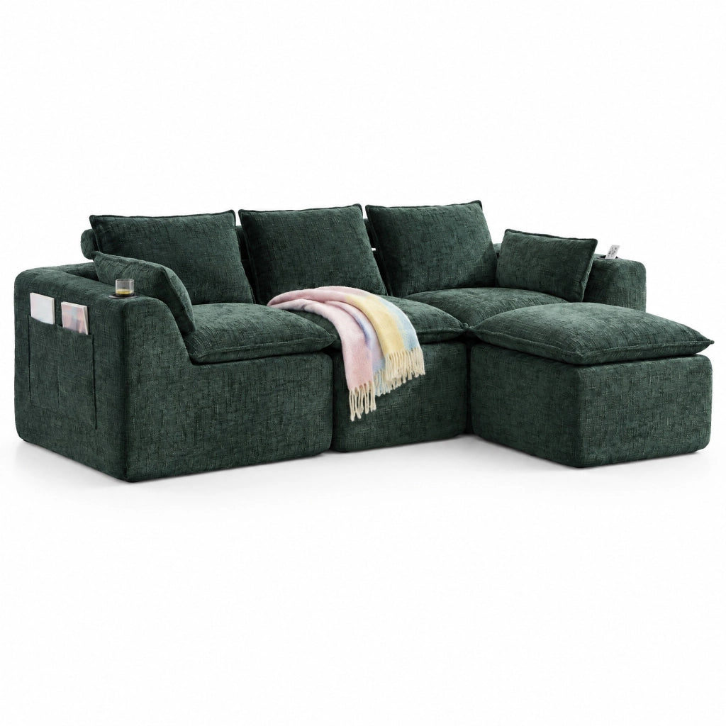 DIVANO Modulare con pouf 256x161x75 cm in ciniglia verde
